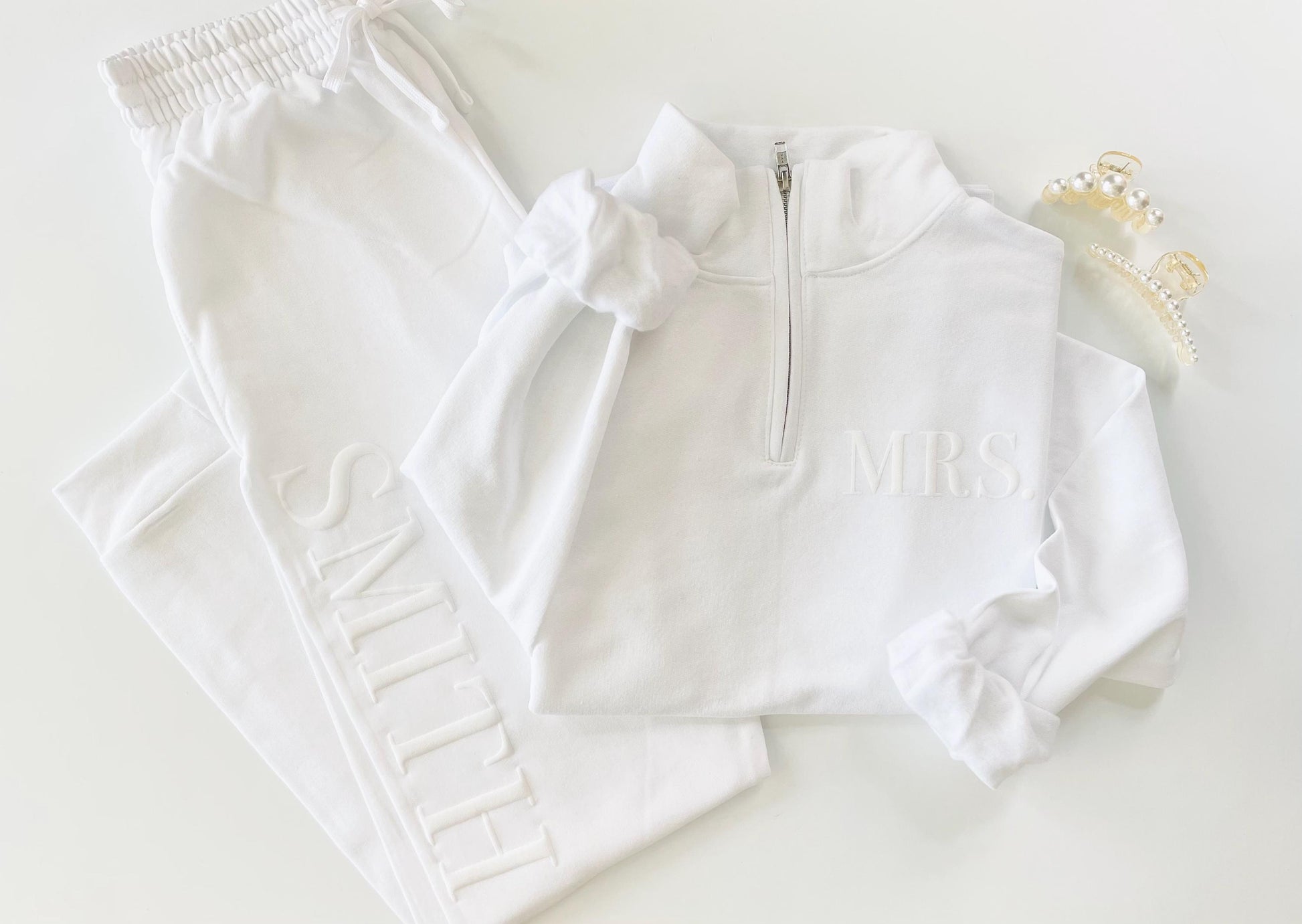 Embossed New Mrs. Bridal Gift Set Bride Sweatshirt Quarter Zip Sweats Honeymoon Outfit