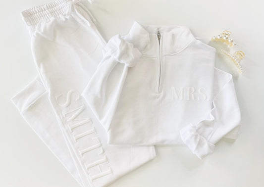 Embossed New Mrs. Bridal Gift Set Bride Sweatshirt Quarter Zip Sweats Honeymoon Outfit