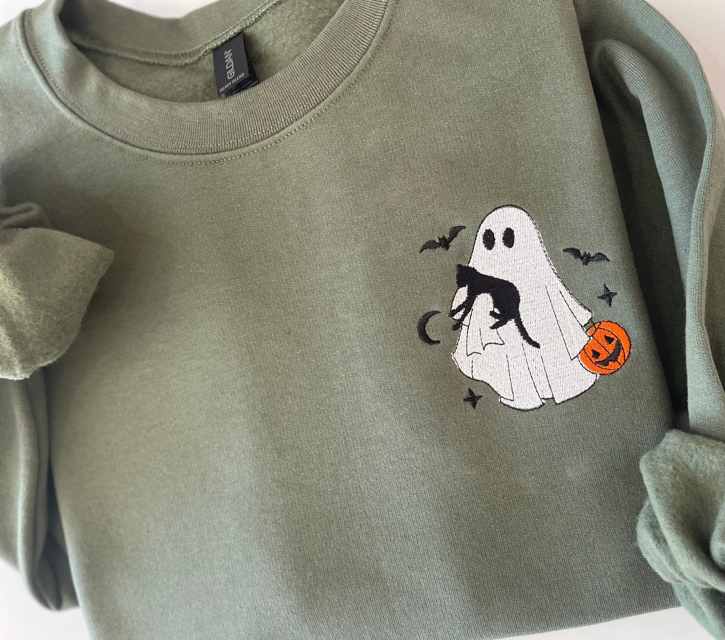 Halloween Embroidered Cat Sweatshirt, Halloween Sweatshirt, Embroidered Halloween Sweatshirt, Ghost Sweatshirt, Womens Halloween Sweatshirt