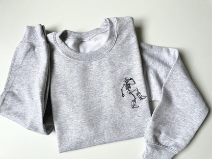 Skeleton Embroidered Sweatshirt, Dancing Skeleton Halloween Crewneck, Embroidered Halloween Sweatshirt, Cowboy Skeleton, Womens Halloween