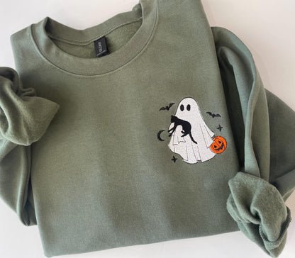 Halloween Embroidered Cat Sweatshirt, Halloween Sweatshirt, Embroidered Halloween Sweatshirt, Ghost Sweatshirt, Womens Halloween Sweatshirt