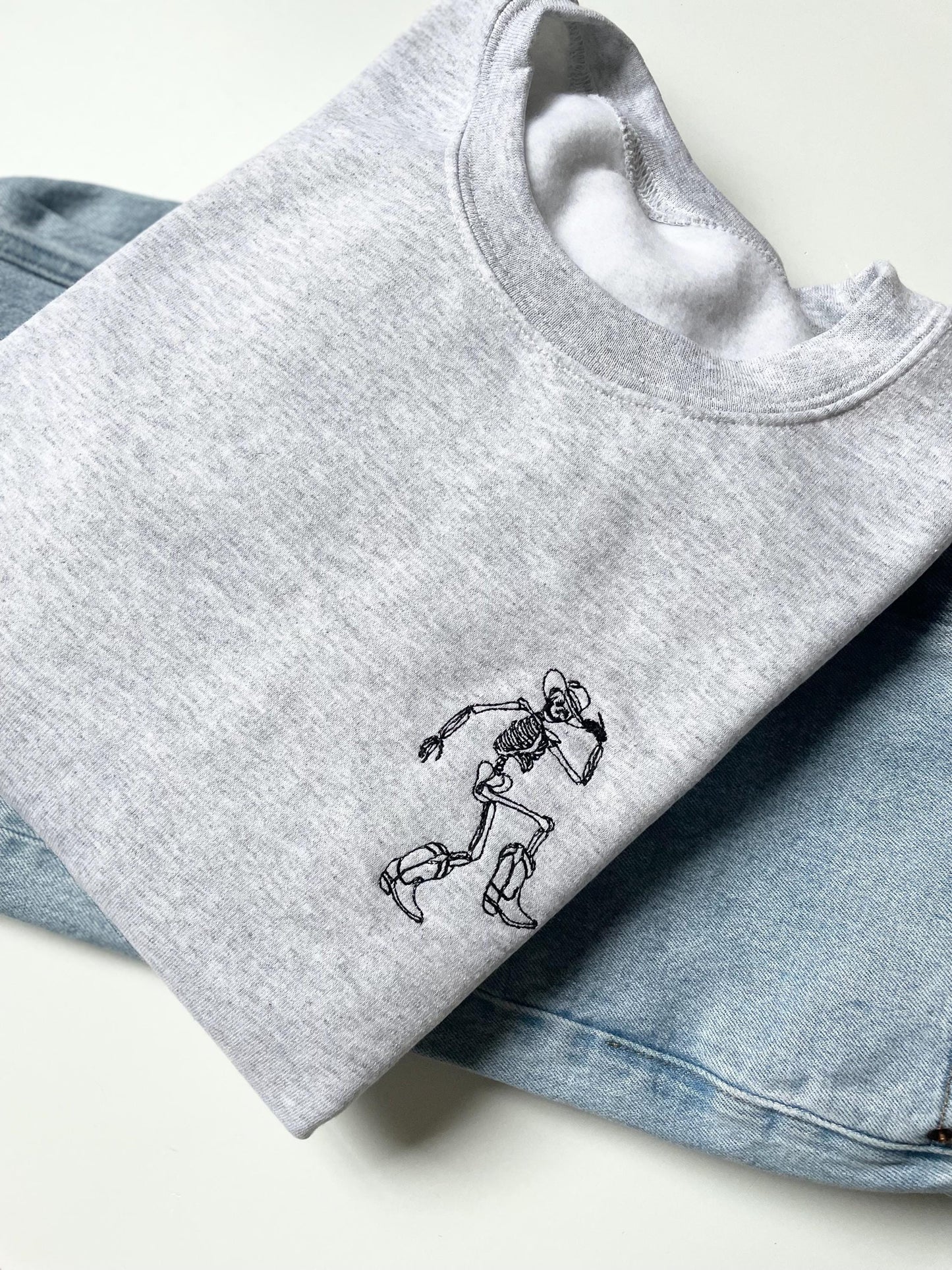 Skeleton Embroidered Sweatshirt, Dancing Skeleton Halloween Crewneck, Embroidered Halloween Sweatshirt, Cowboy Skeleton, Womens Halloween