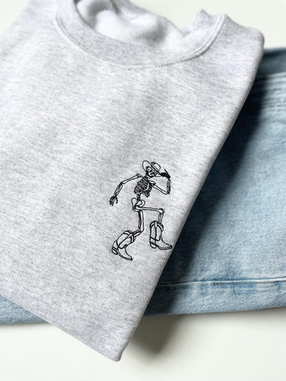 Skeleton Embroidered Sweatshirt, Dancing Skeleton Halloween Crewneck, Embroidered Halloween Sweatshirt, Cowboy Skeleton, Womens Halloween