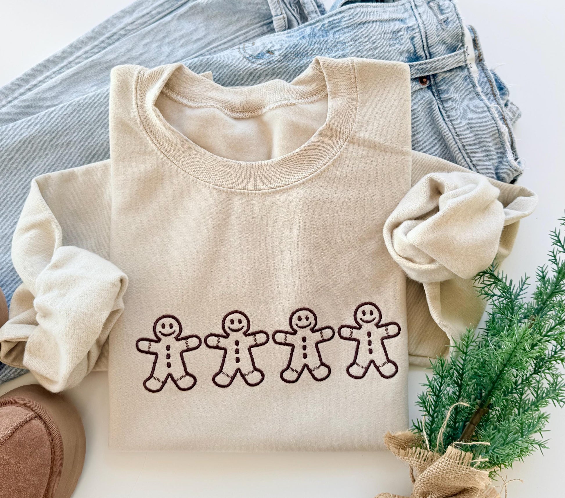 Embroidered Gingerbread Men Christmas Sweatshirt for Women