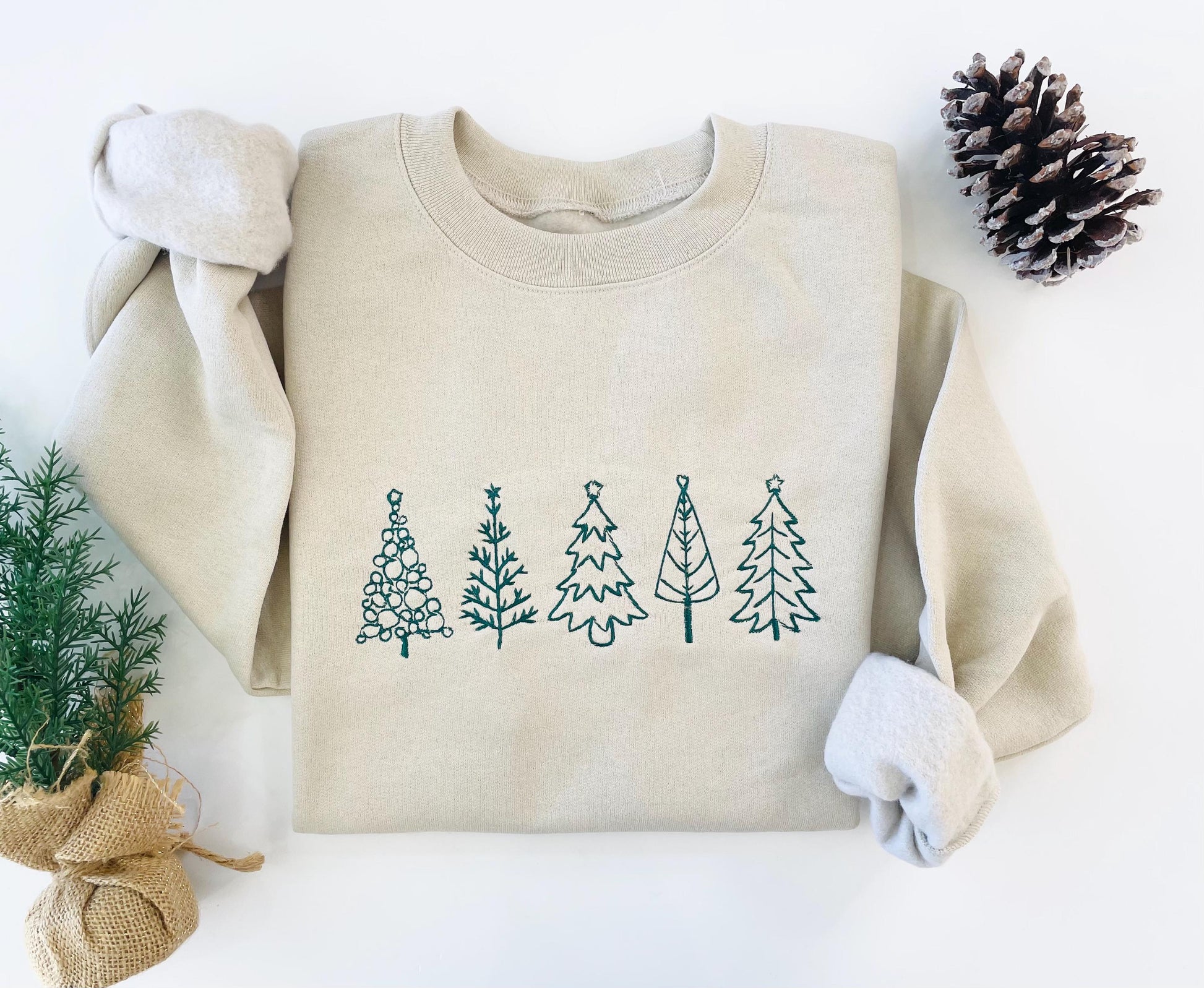 Embroidered Christmas Tree Crewneck Christmas Tree Sweatshirt for Womens Clothing Festive Christmas Sweater Sand Small