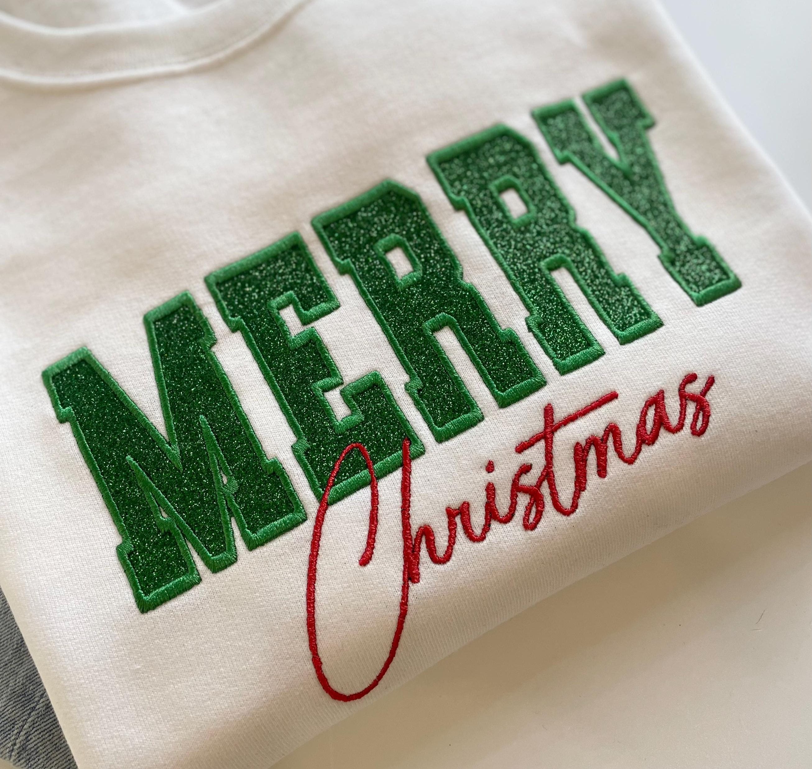 Merry Christmas Glitter Embroidery Womens Xmas Crewneck