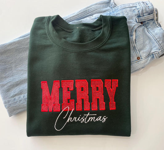 Womens Christmas Glitter Embroidered Merry Christmas Sweater