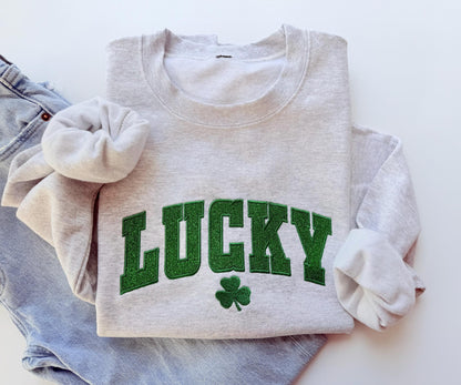 Women's Embroidered Lucky Crewneck, Glitter St. Patrick's Day Sweatshirt