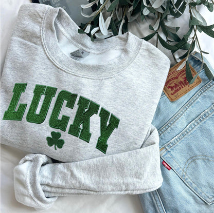 Women's Embroidered Lucky Crewneck, Glitter St. Patrick's Day Sweatshirt