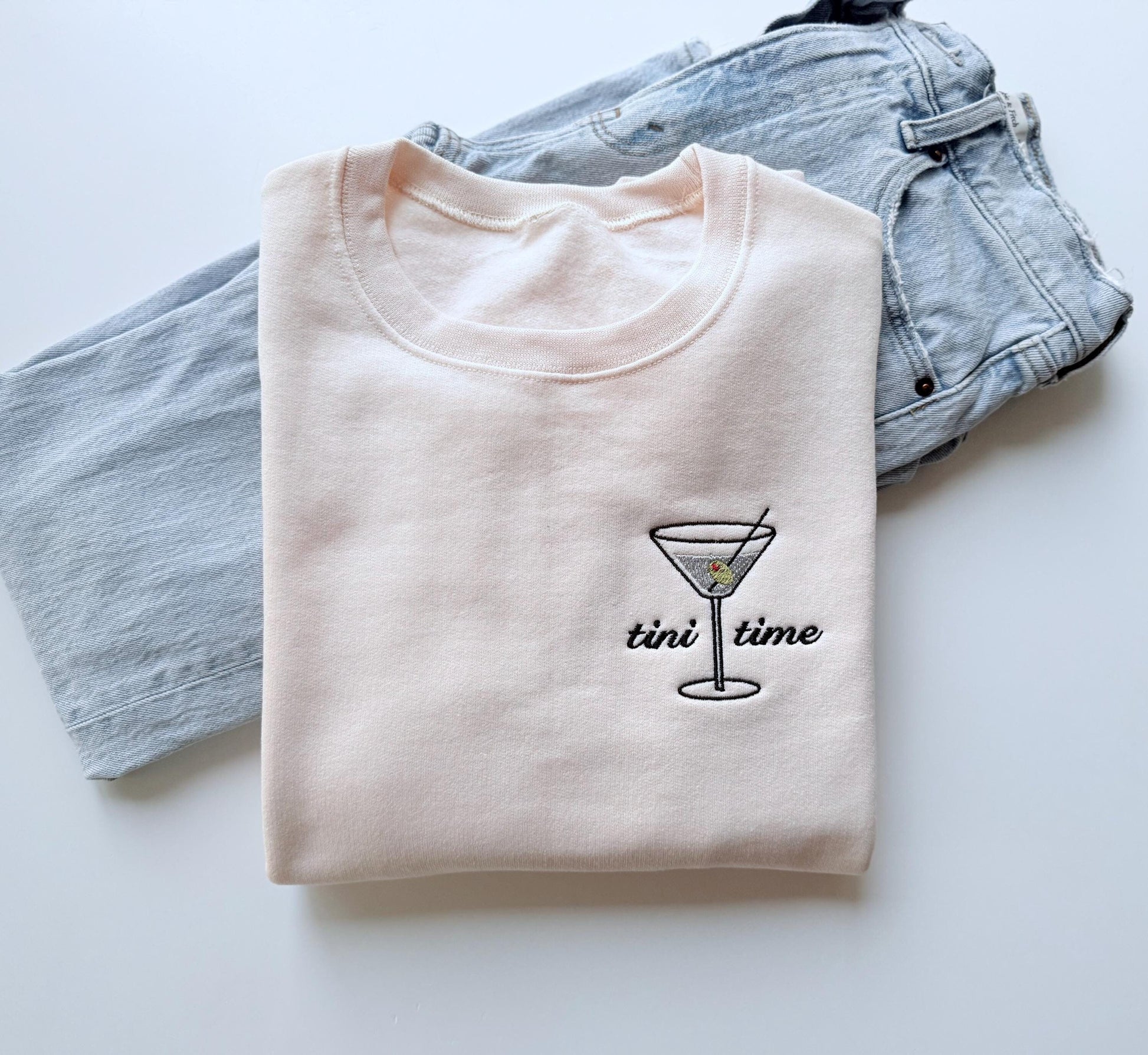 Embroidered Tini Time on cream sweatshirt