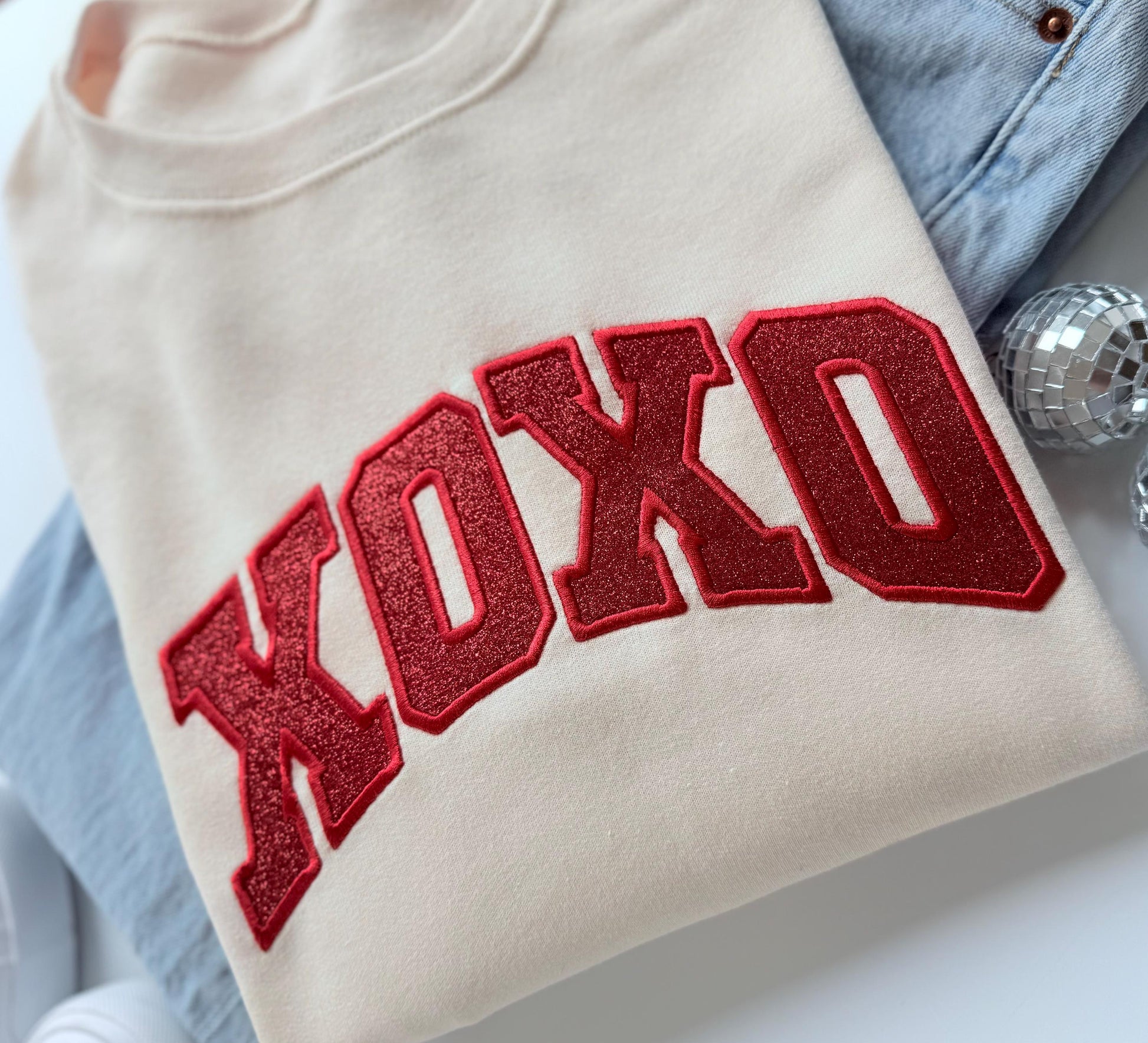 Embroidered Glitter Valentines Day XOXO Crewneck