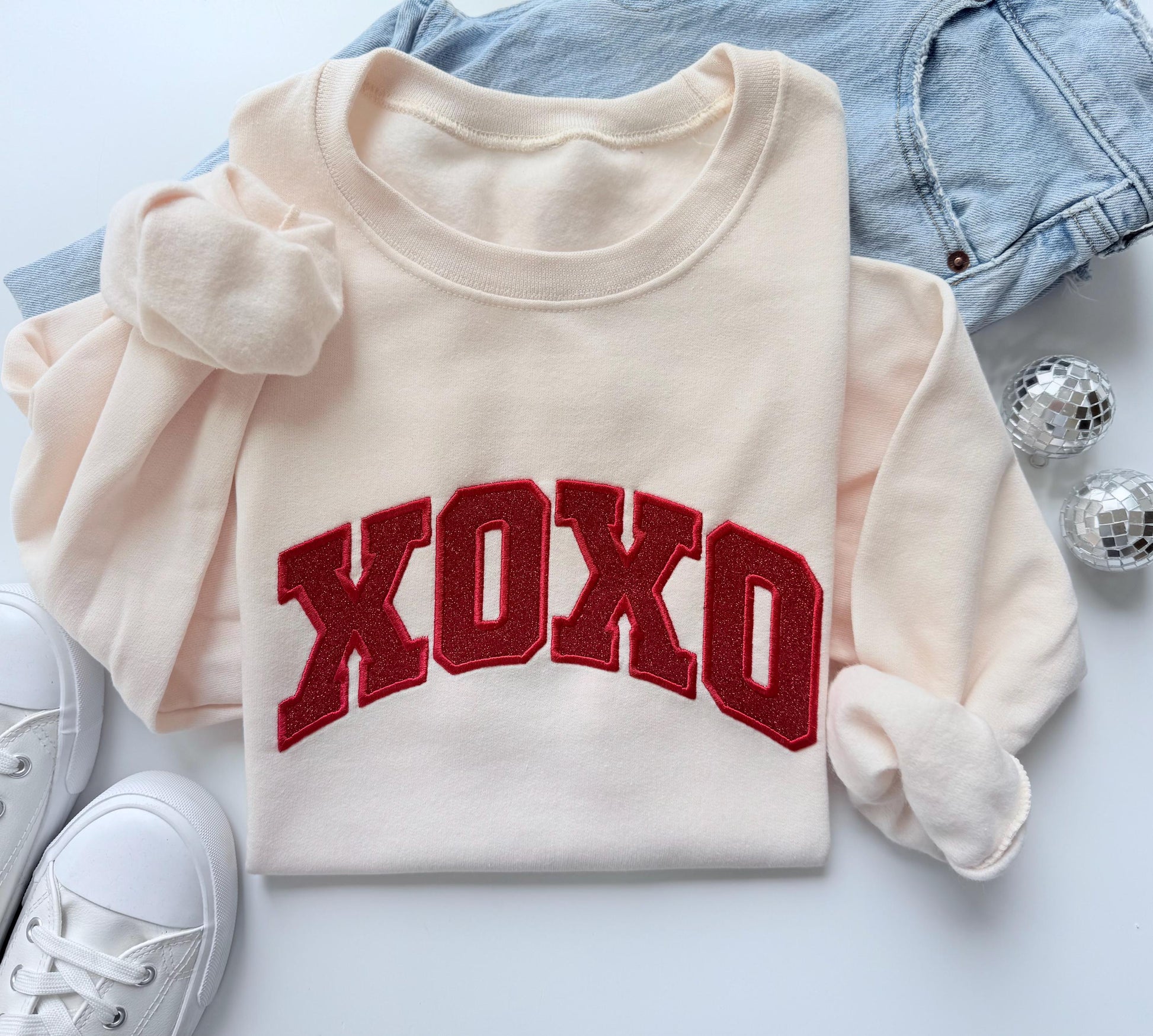 Embroidered Glitter Valentines Day XOXO Crewneck
