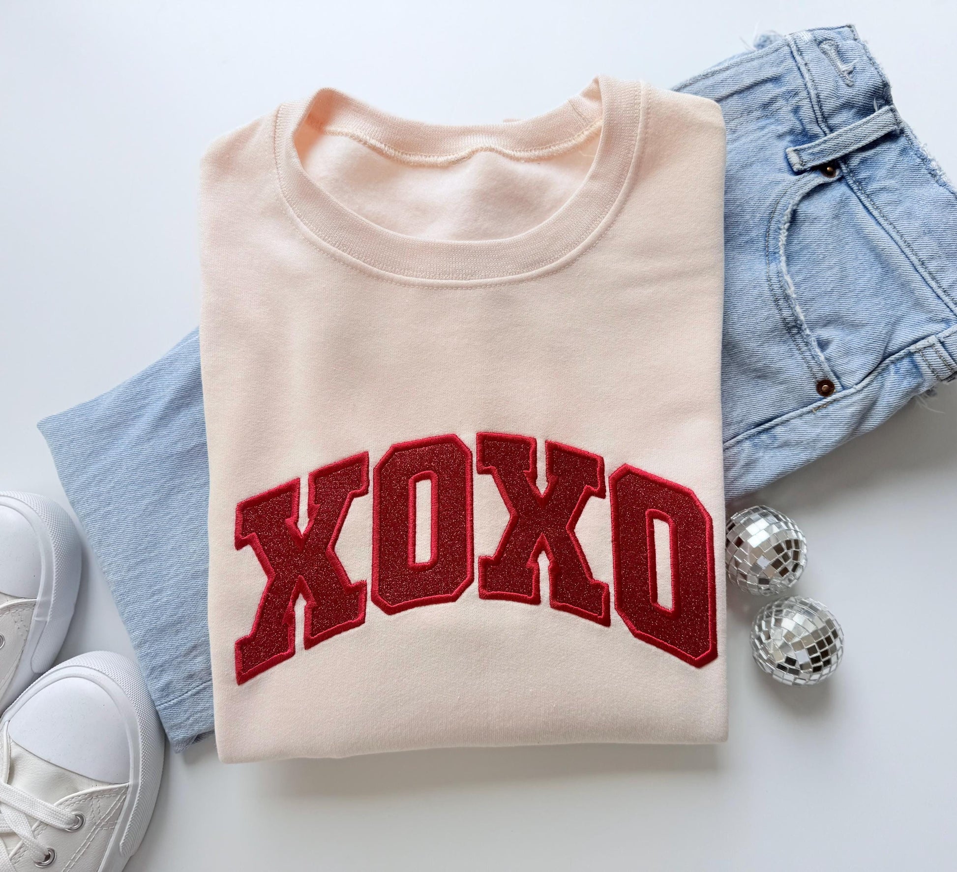 Embroidered Glitter Valentines Day XOXO Crewneck