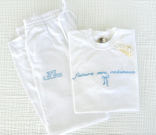 Future Mrs. Pajama Set, Bride Shirt & Joggers, Personalized Wedding Date Gift, Bridal Shower Outfit, Engagement Gift for Her, Embroidered
