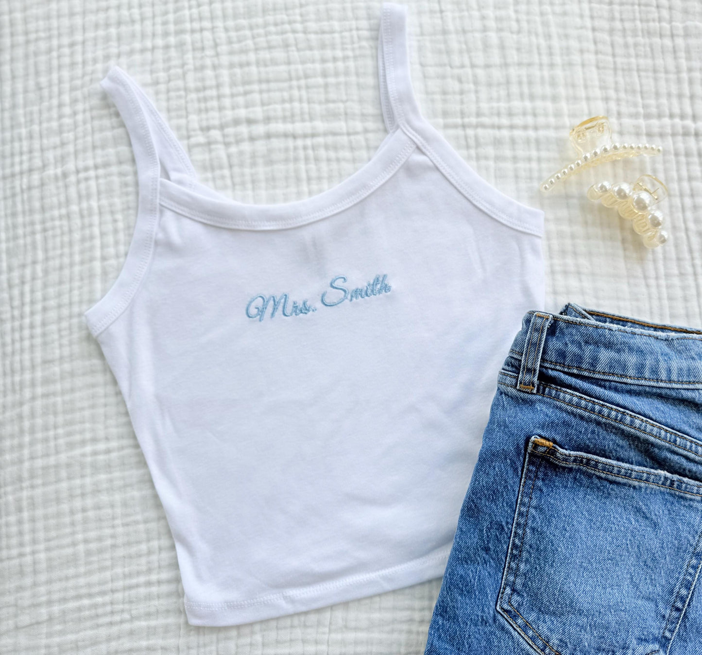 Embroidered Spaghetti Strap Tank Top, Mrs. Tank, Bride T-Shirt, Bridal Shower Gift, Engagement Gift, Bridal Tank Top, Mrs. Baby Tee,