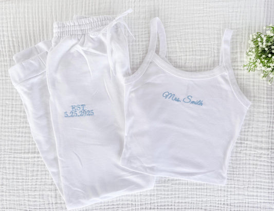 Mrs. Pajama Set, Mrs Tank & Joggers, Bridal Pjs, Bride Pajamas, Mrs. Set, Bridal Shower Outfit, Engagement Gift for Her, Embroidered