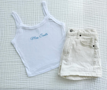 Embroidered Spaghetti Strap Tank Top, Mrs. Tank, Bride T-Shirt, Bridal Shower Gift, Engagement Gift, Bridal Tank Top, Mrs. Baby Tee,