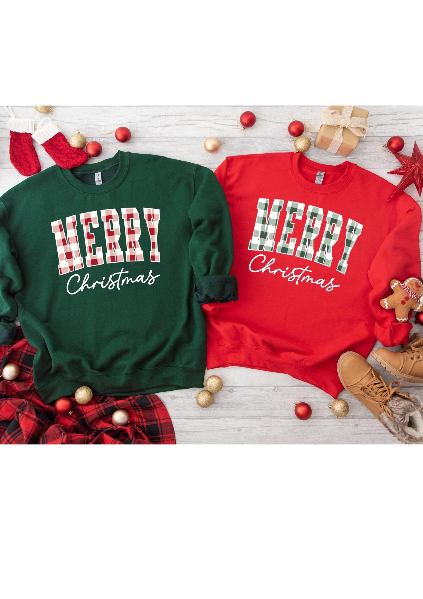 Merry Christmas Sweatshirt Matching Couples Holiday Sweater Green Red Plaid Christmas Crewneck Cozy Winter Outfit Christmas Eve Pajamas