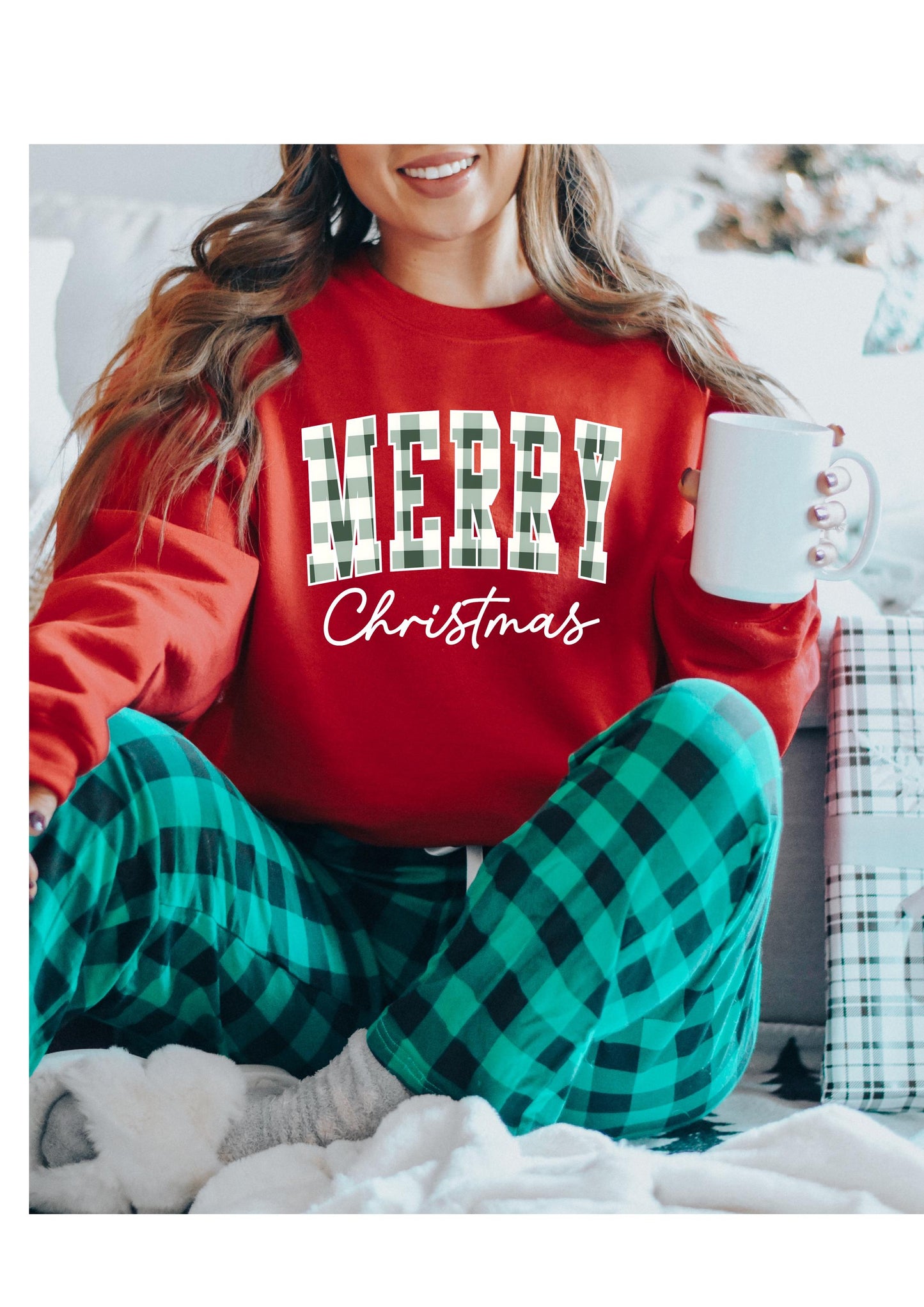 Merry Christmas Sweatshirt Matching Couples Holiday Sweater Green Red Plaid Christmas Crewneck Cozy Winter Outfit Christmas Eve Pajamas