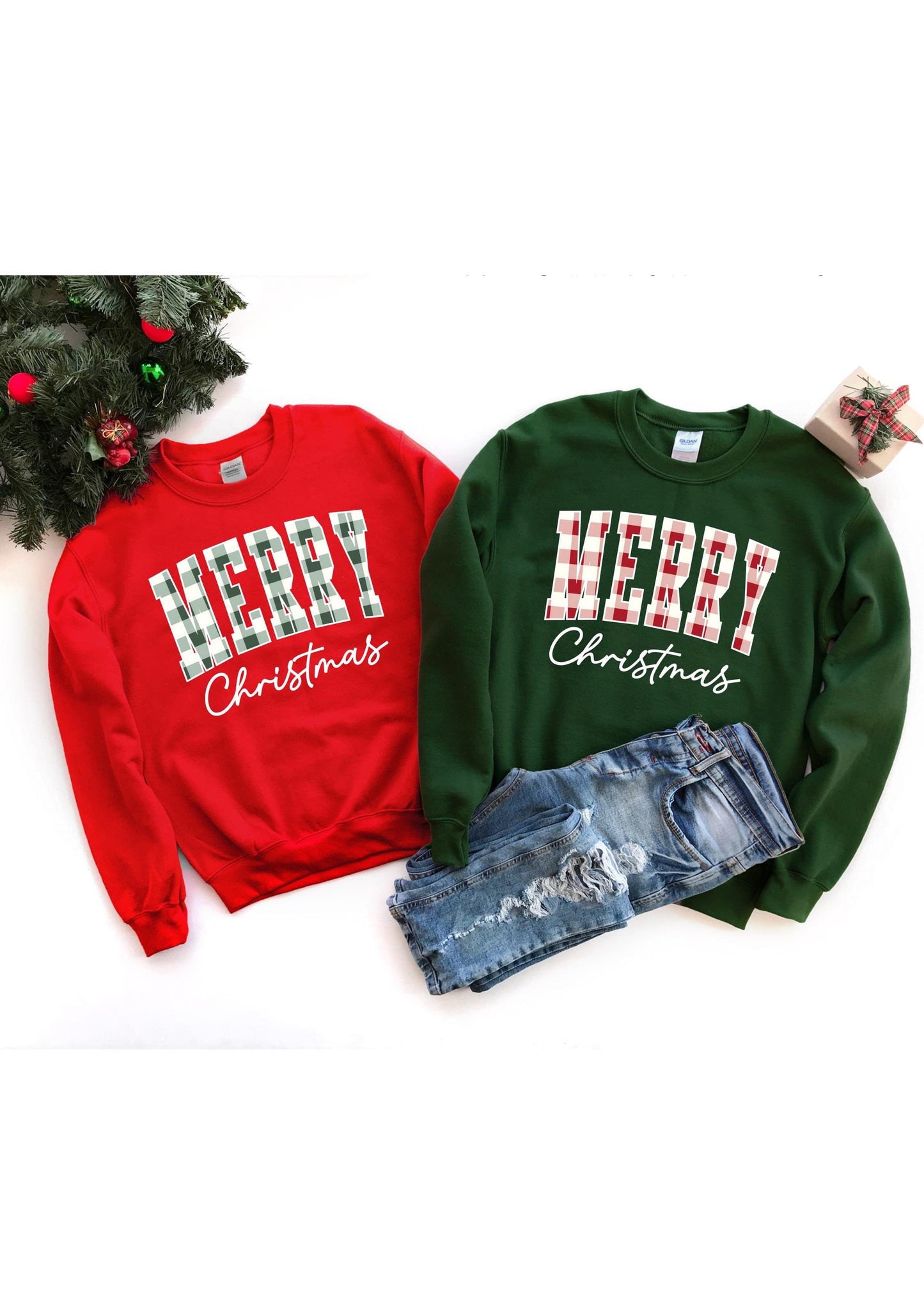 Matching Merry Christmas sweatshirts in red and green plaid design perfect for couples holiday outfits cozy unisex Christmas crewneck sweater gift idea for festive winter season