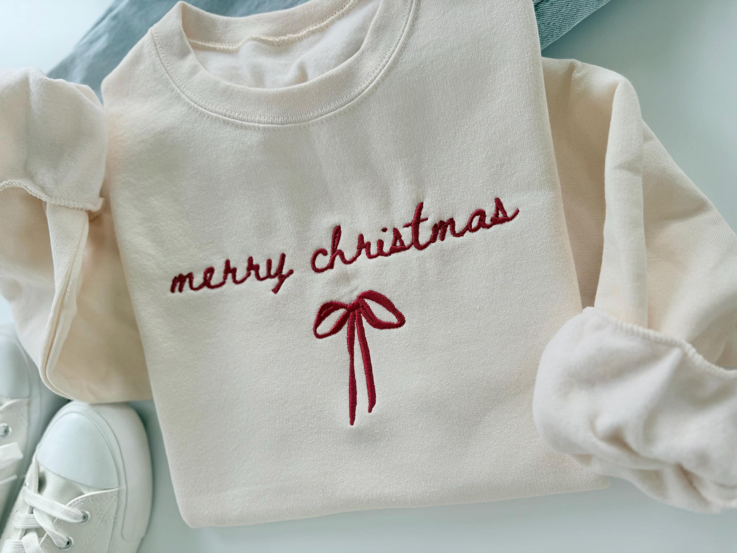 Embroidered Christmas Sweatshirt: Merry Christmas Bow Design