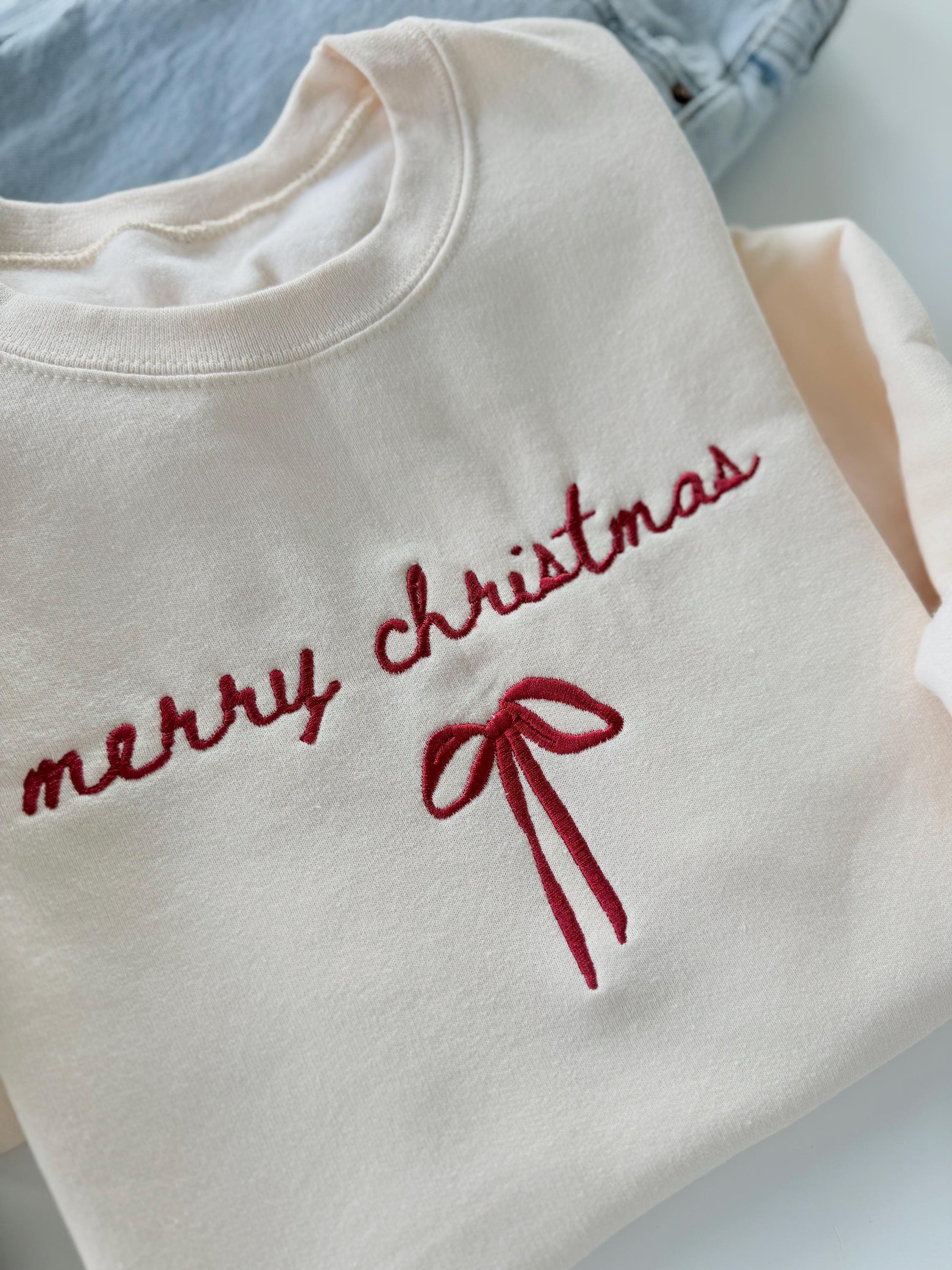 Embroidered Christmas Sweatshirt: Merry Christmas Bow Design