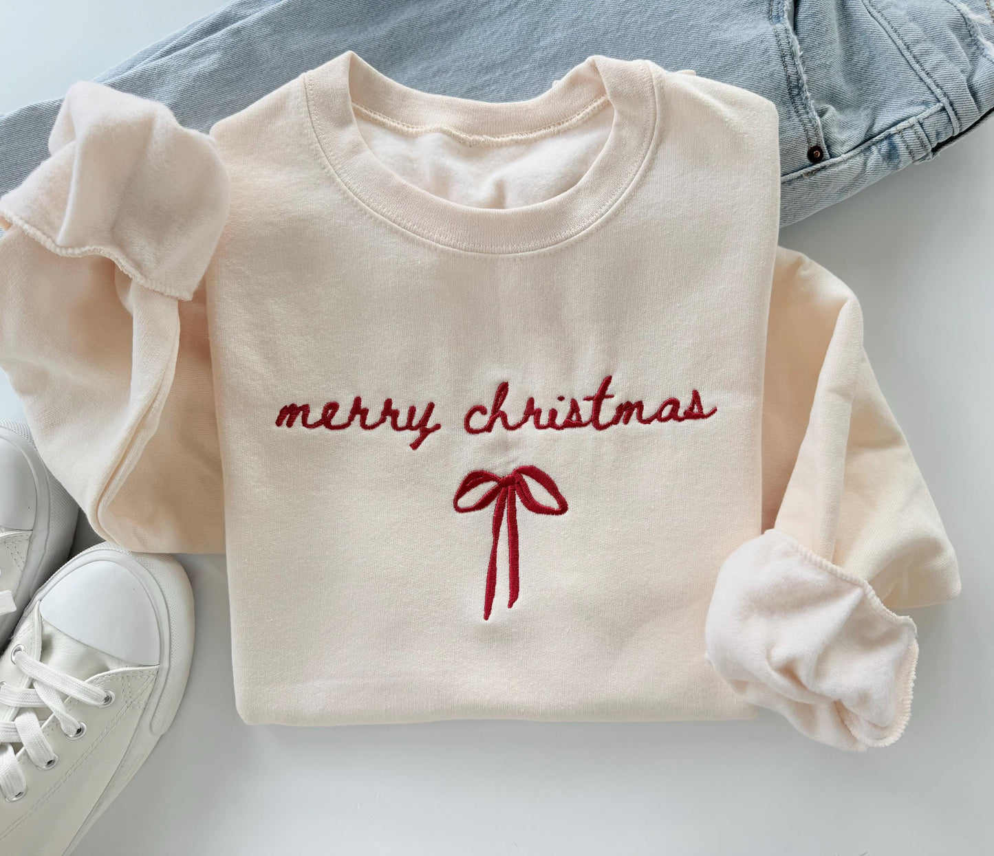 Embroidered merry christmas sweatshirt with red bow design cozy minimalist holiday crewneck for women and men