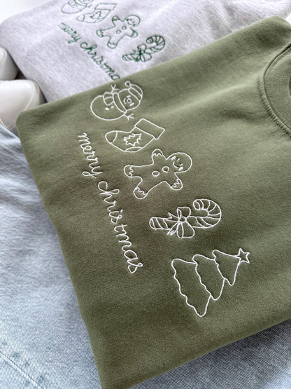 Embroidered Merry Christmas Sweatshirt: Holiday Icons, Cozy Fleece
