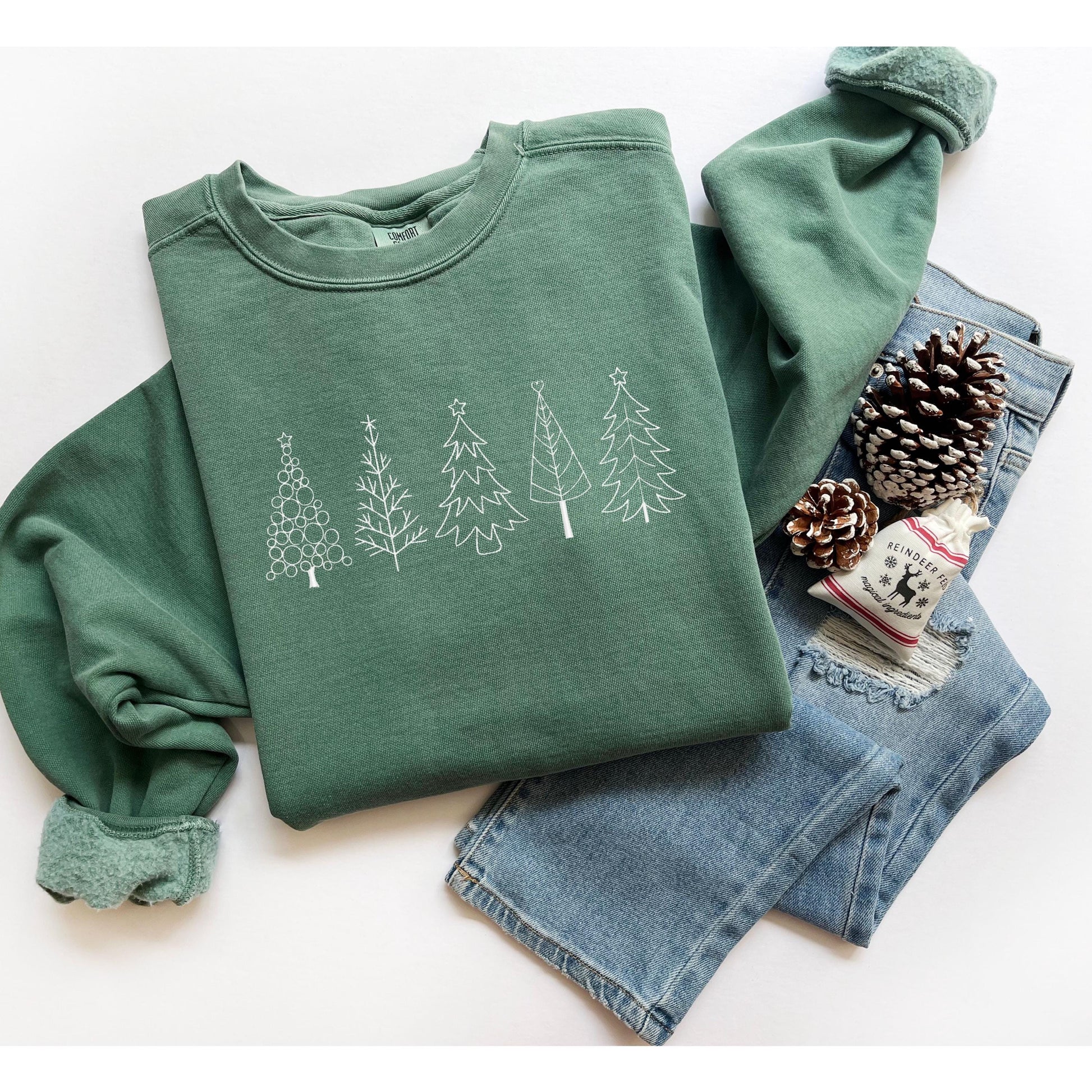 Comfort Colors embroidered christmas sweatshirt with five minimalist christmas trees cozy green holiday crewneck for women and men