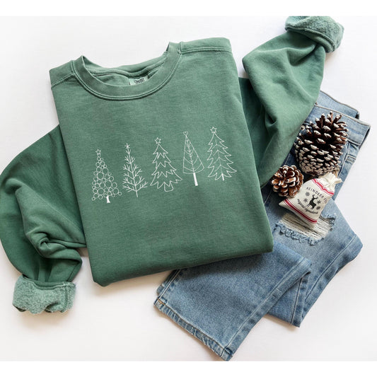 Comfort Colors embroidered christmas sweatshirt with five minimalist christmas trees cozy green holiday crewneck for women and men