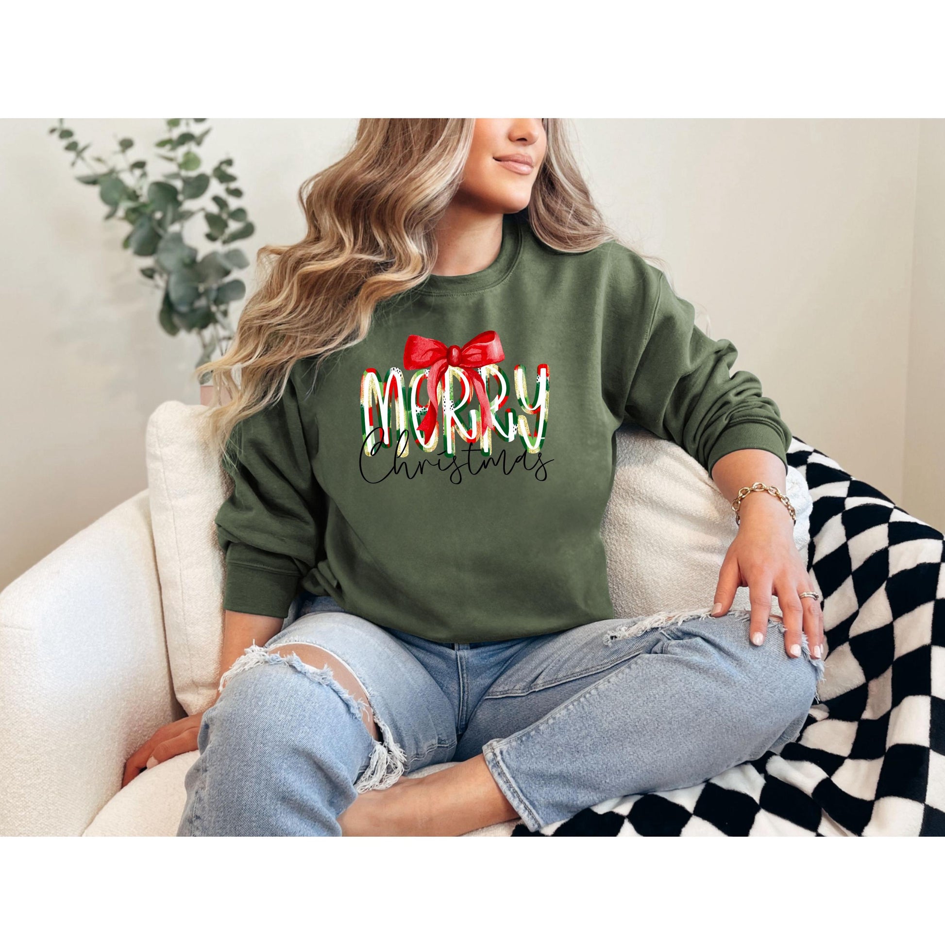 Merry Christmas Sweatshirt: Red Bow Holiday Pullover