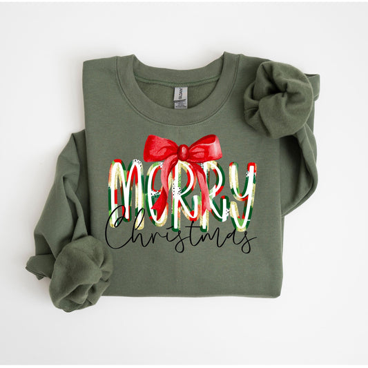 Olive green sweatshirt with the words “Merry Christmas” in red, white, and green letters topped with a red bow — festive holiday sweatshirt perfect for Christmas celebrations.