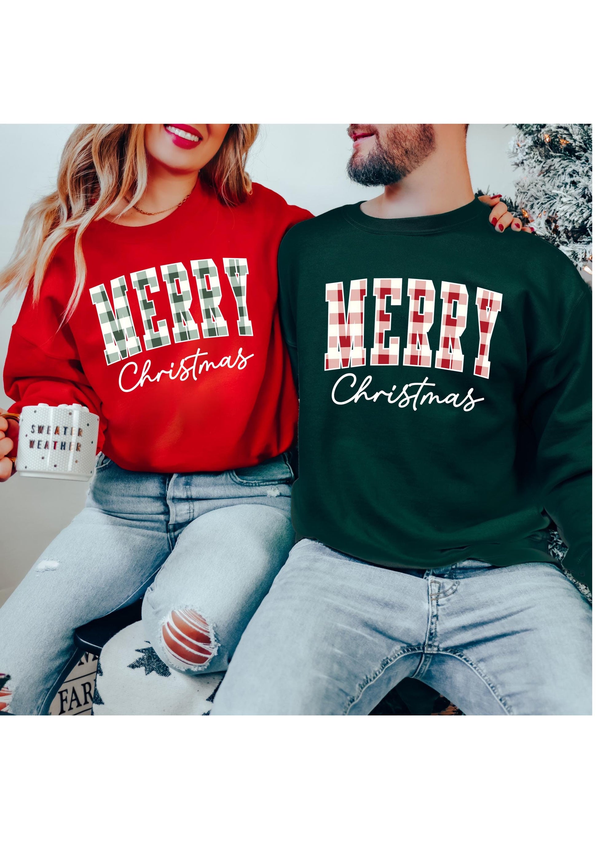 Merry Christmas Sweatshirt Matching Couples Holiday Sweater Green Red Plaid Christmas Crewneck Cozy Winter Outfit Christmas Eve Pajamas