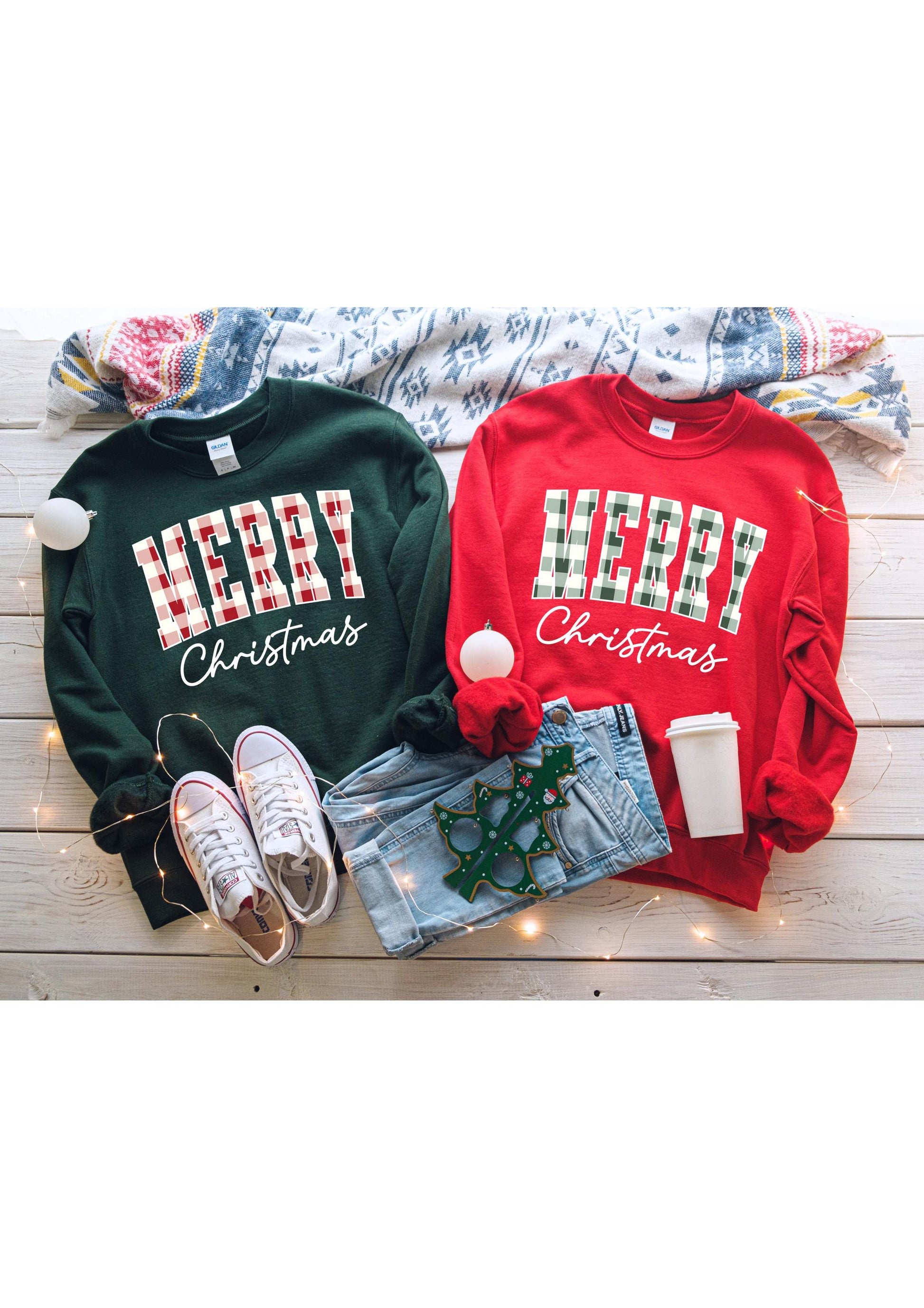 Merry Christmas Sweatshirt Matching Couples Holiday Sweater Green Red Plaid Christmas Crewneck Cozy Winter Outfit Christmas Eve Pajamas