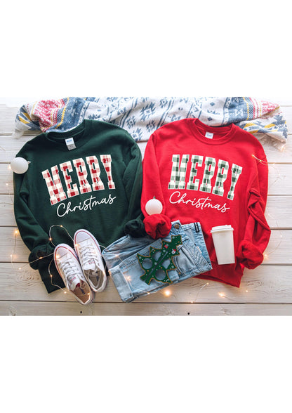 Merry Christmas Sweatshirt Matching Couples Holiday Sweater Green Red Plaid Christmas Crewneck Cozy Winter Outfit Christmas Eve Pajamas
