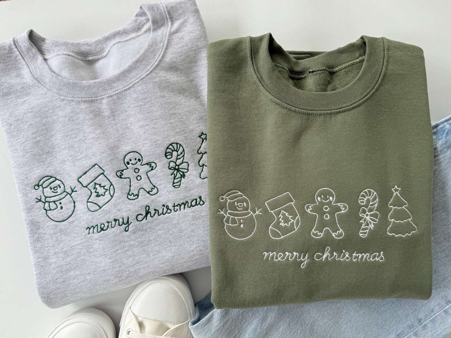 Embroidered merry christmas sweatshirt with gingerbread man snowman and candy cane festive holiday crewneck in green and gray