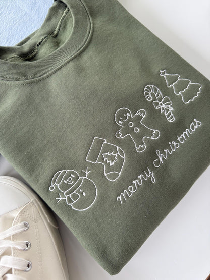 Embroidered Merry Christmas Sweatshirt: Holiday Icons, Cozy Fleece