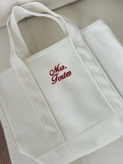 Mrs Tote Bag, White Embroidered Bridal Tote, Bachelorette Party