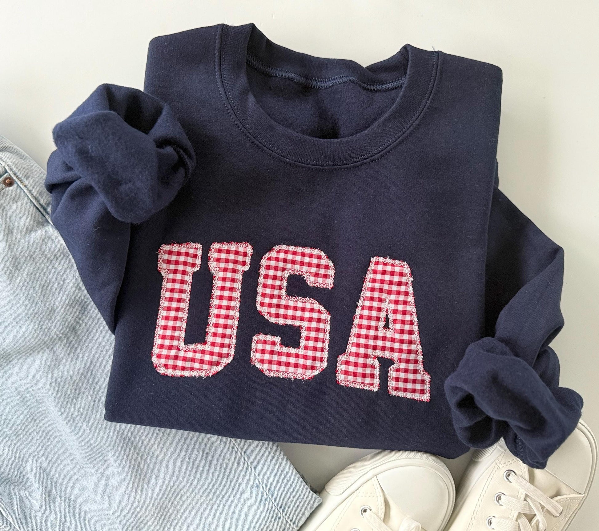 Embroidered USA Sweatshirt, Womens 4th of July Crewneck