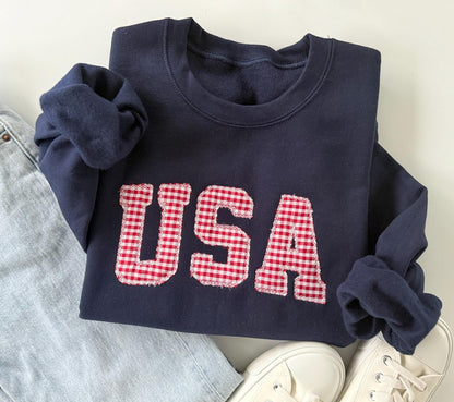 Embroidered USA Sweatshirt, Womens 4th of July Crewneck