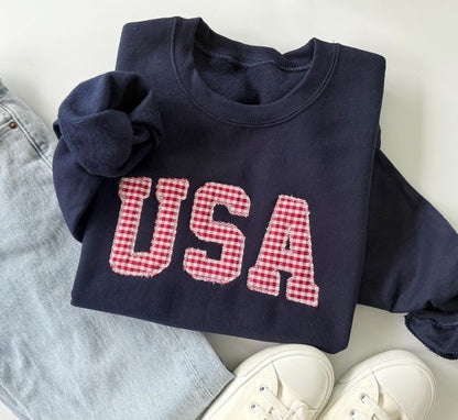 Embroidered USA Sweatshirt, Womens 4th of July Crewneck