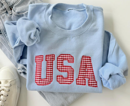 Embroidered USA Sweatshirt, Womens 4th of July Crewneck