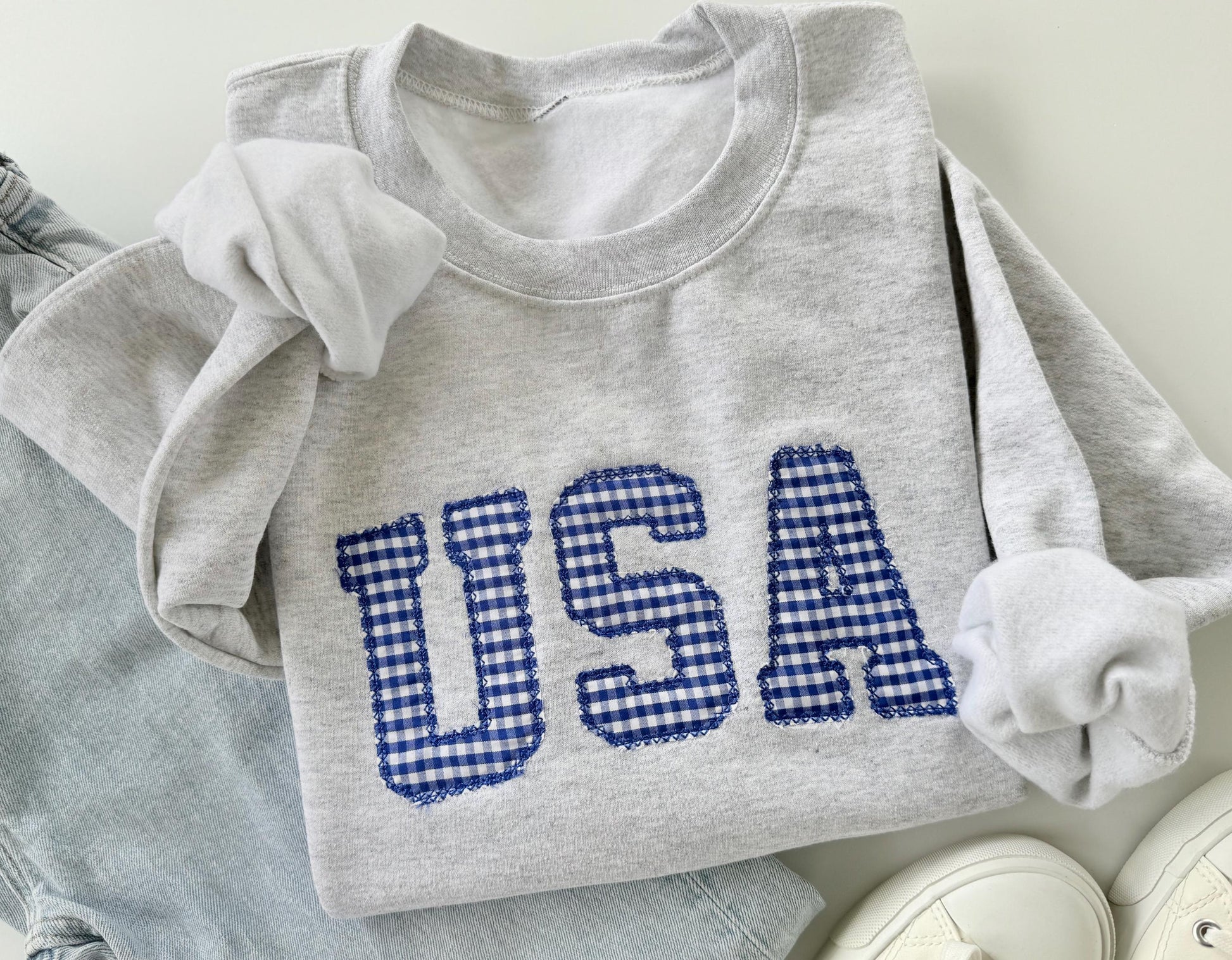 Embroidered USA Sweatshirt, Womens 4th of July Crewneck
