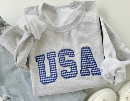 Embroidered USA Sweatshirt, Womens 4th of July Crewneck