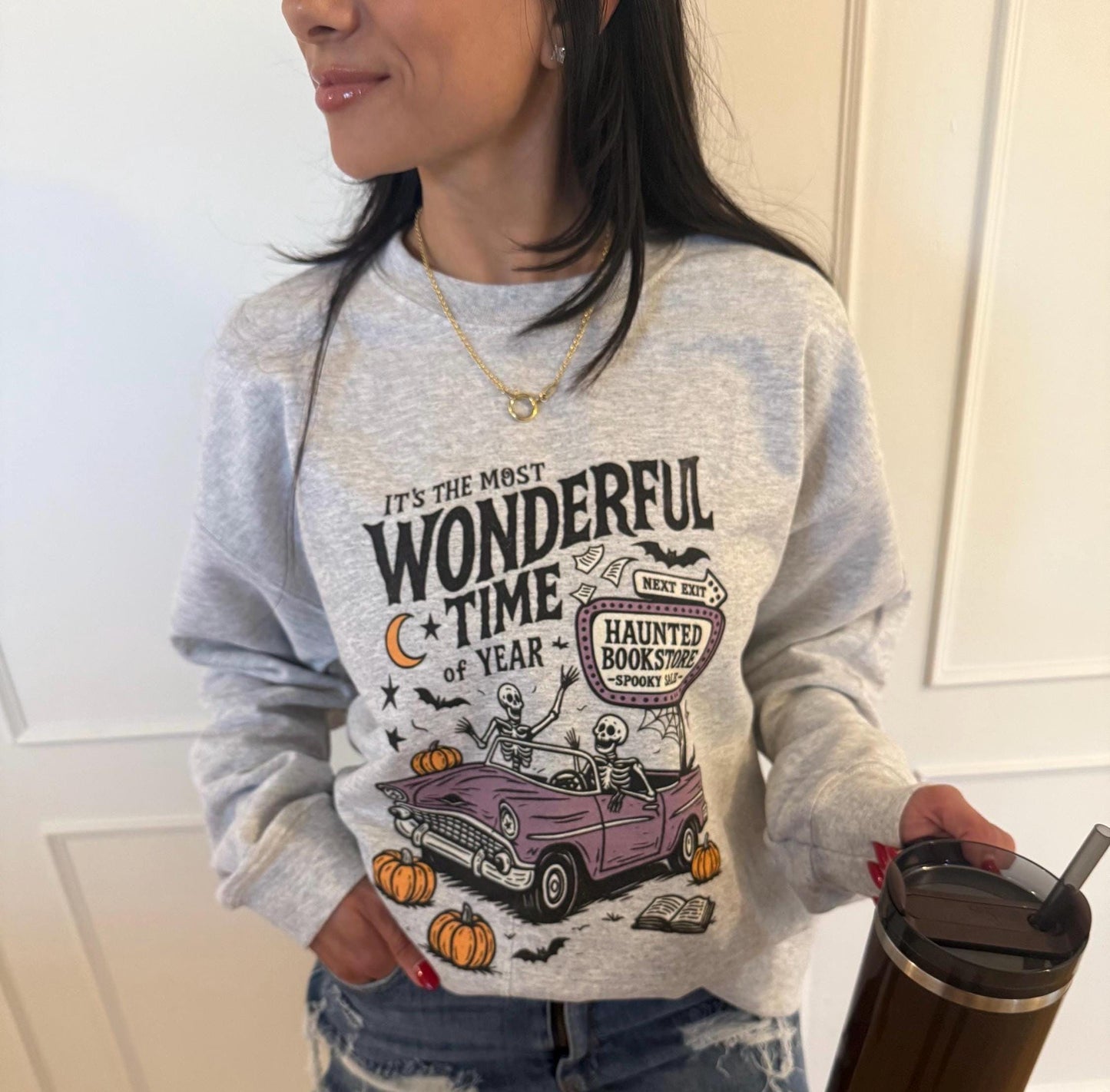 Vintage Halloween Sweatshirt Haunted Bookstore, Skeleton Spooky Season Crewneck, Fall Book Lover Gift