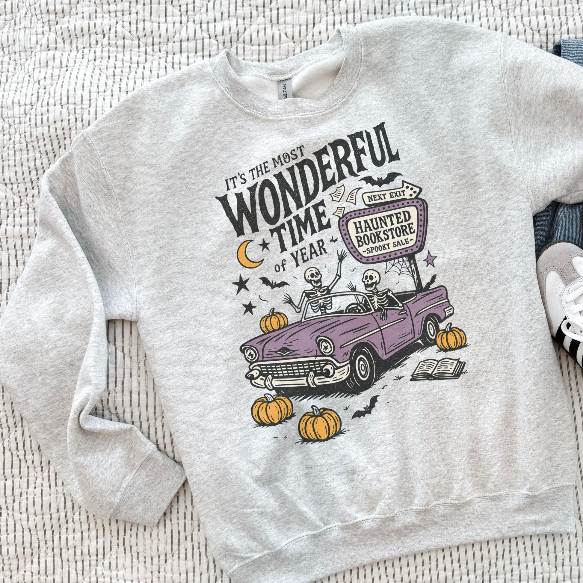 Vintage Halloween Sweatshirt Haunted Bookstore, Skeleton Spooky Season Crewneck, Fall Book Lover Gift
