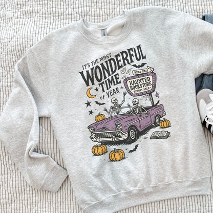 Vintage Halloween Sweatshirt Haunted Bookstore, Skeleton Spooky Season Crewneck, Fall Book Lover Gift