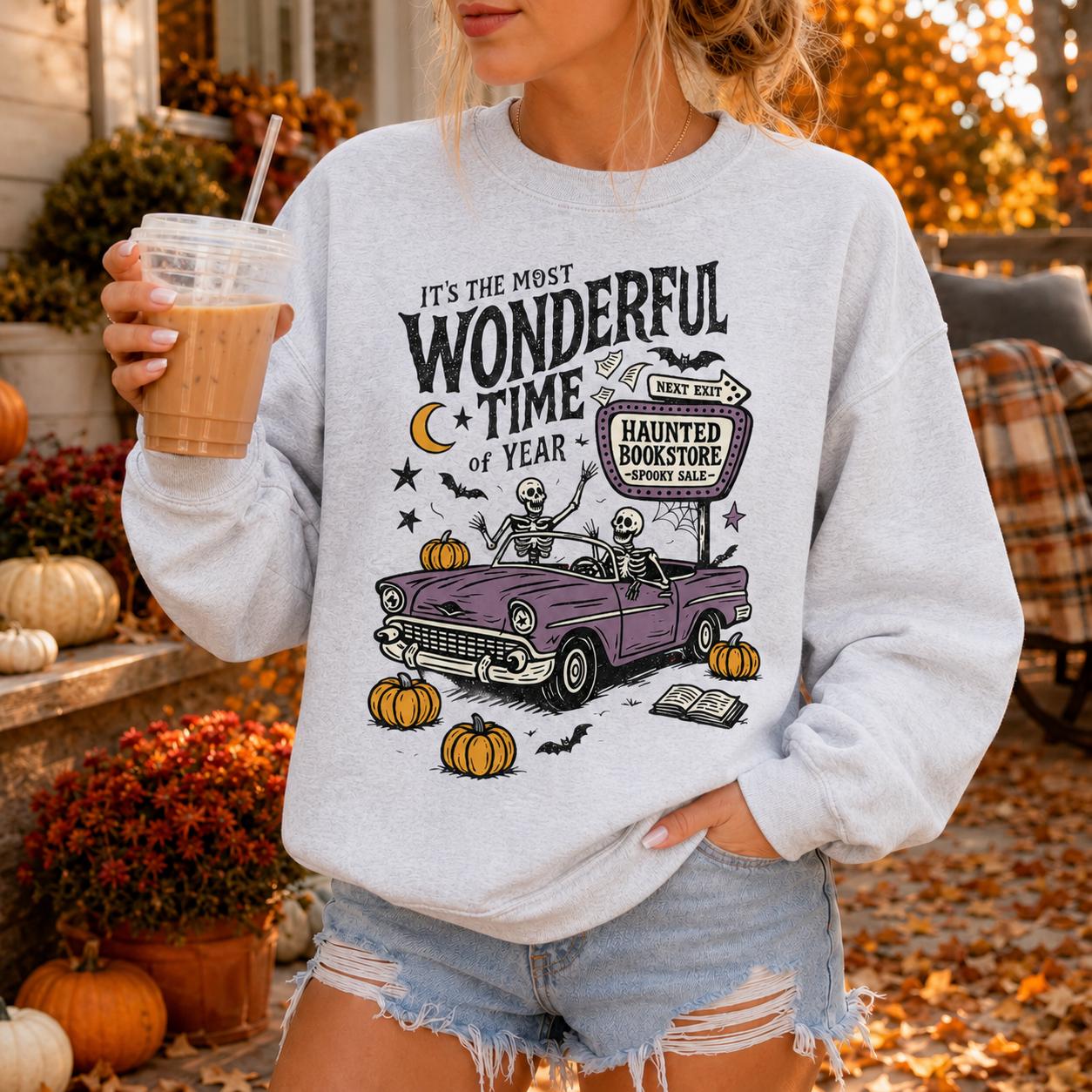 Vintage Halloween Sweatshirt Haunted Bookstore, Skeleton Spooky Season Crewneck, Fall Book Lover Gift