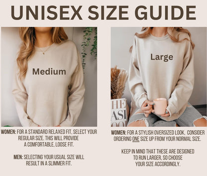 A unisex size guide showing two women wearing sweatshirts, labeled "Medium" for a standard fit and "Large" for an oversized look.