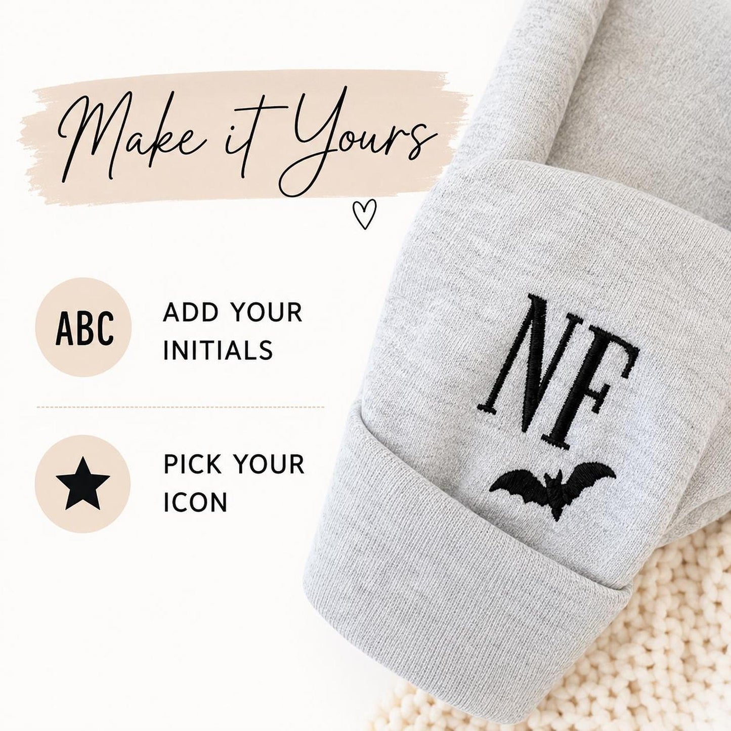 A graphic titled "Make it Yours" showing options to "Add Your Initials" and "Pick Your Icon" with an example of "NF" and a bat embroidered on a cuff.